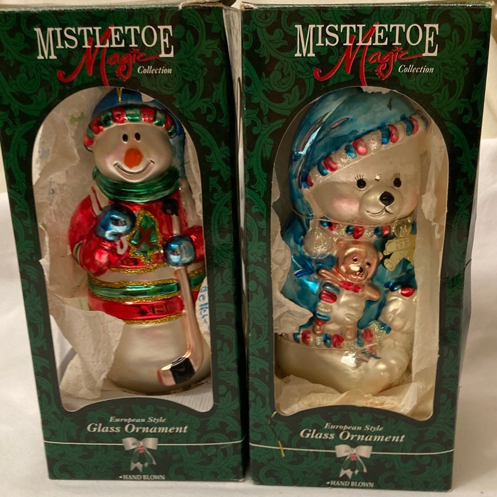 Vintage 7" Glass Christmas Ornaments Snowman Hockey,‎ and teddy bear Set 2